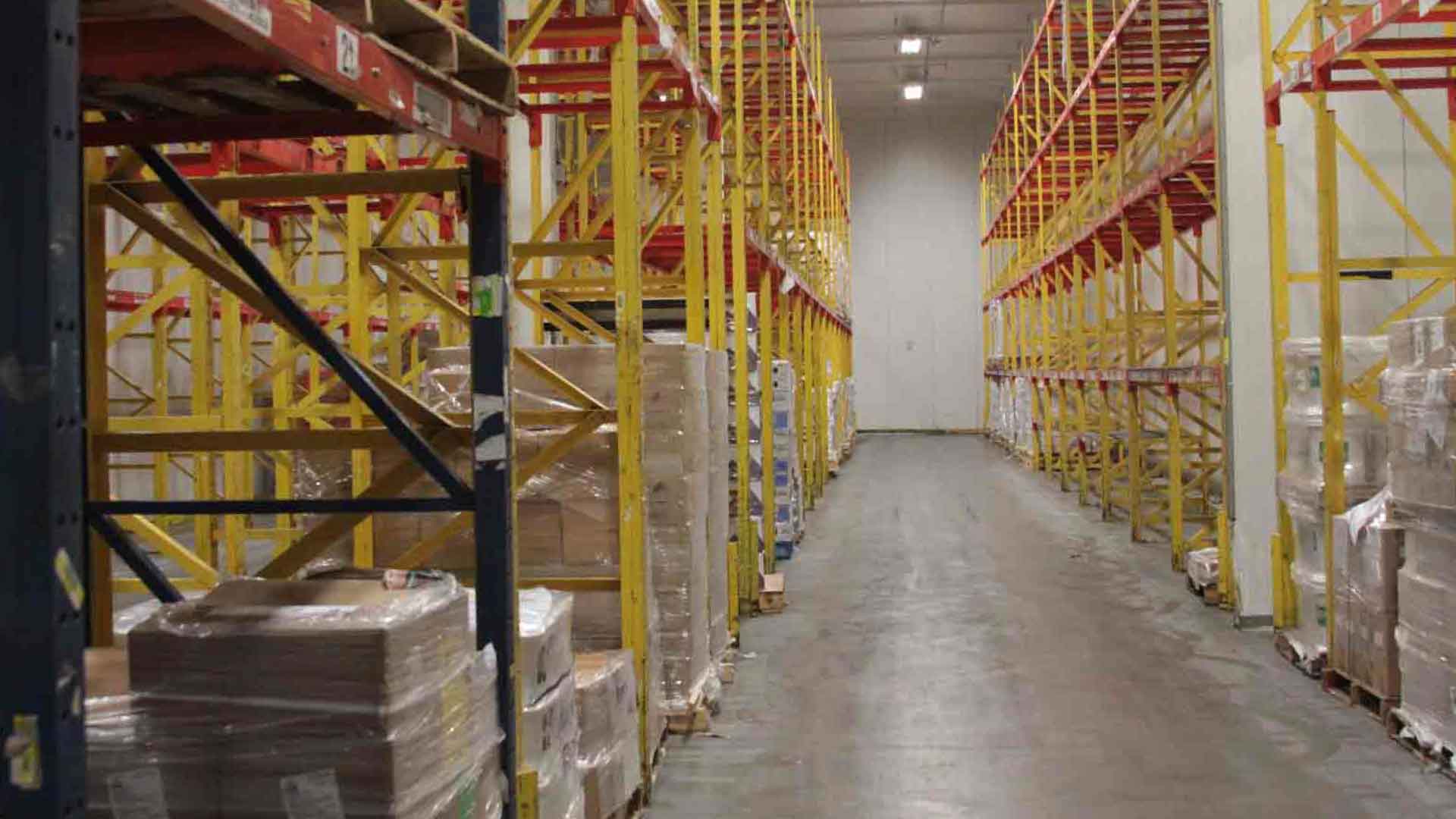 DTS Denver Drozen Warehouse Pallet racks in a frozen warehouse facility.